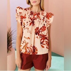 MARIE OLIVER Blouse Size L Multicolor Flutter Sleeve 100% Cotton GUC